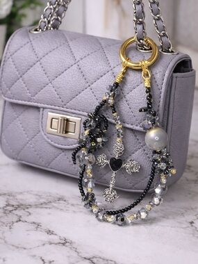 Black & Silver Beaded Rosary Cross Charm Keychain